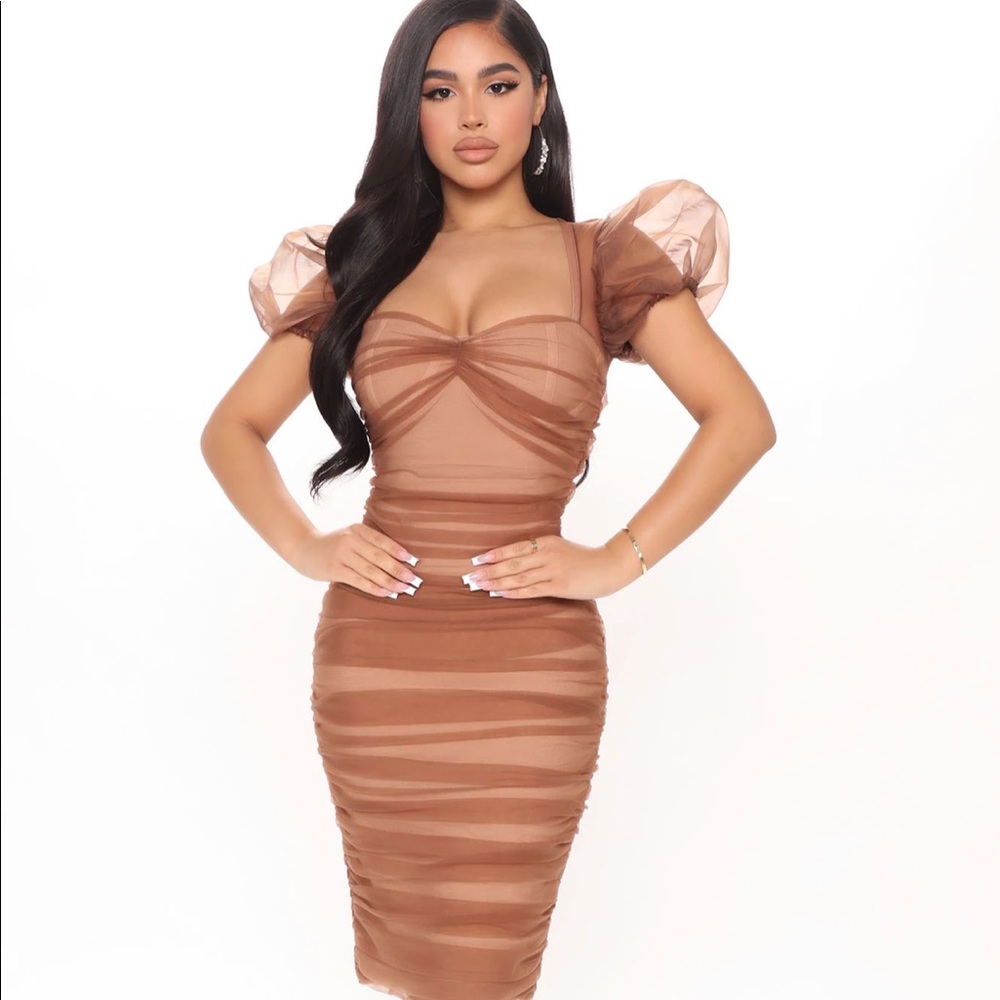 Bronze rouche puff sleeve dress